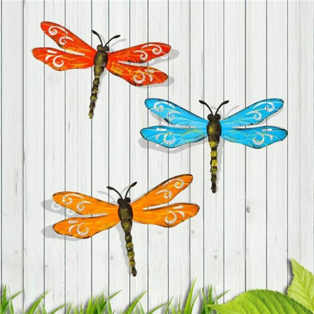 Metal Dragonfly Wall Decor Outdoor Garden Fence Art, Hanging Decorations, 3 Pack